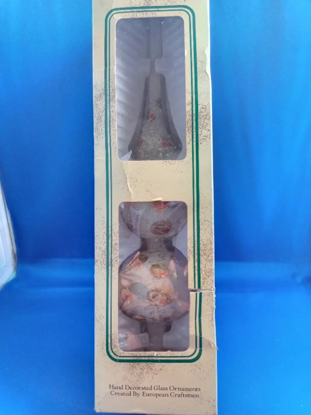 Vintage glass finial Christmas tree topper frosted white with gold glitter swirl